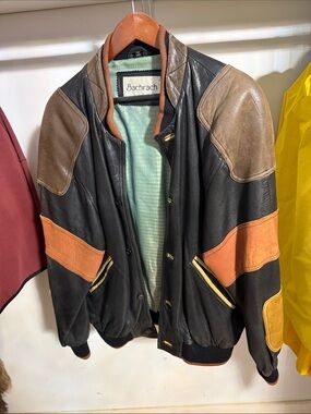 Bachrach Black Leather Colorblock Bomber with Brown & Orange Accents
